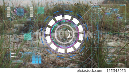Projecting circular scanning interface over coastal dune grasses, pebbles and sand patches 135548953