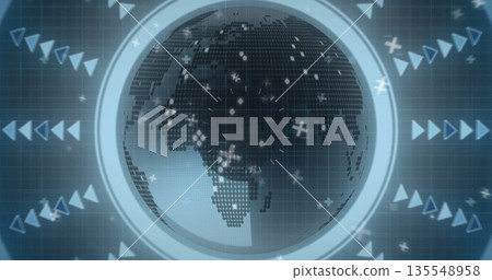 Displaying digital grid globe rotating in dashboard, with HUD ring arrows and crosshair dots 135548958