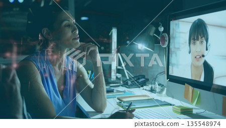 Gazing at desktop screen showing remote coworker woman in blouse at office desk with keyboard mouse Gazing at desktop screen showing remote coworker woman in blouse at office desk with keyboard mouse 135548974