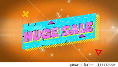 Displaying turquoise-blue banner featuring bold pink 3D HUGE SALE on digital ad, with sparkles Displaying turquoise-blue banner featuring bold pink 3D HUGE SALE on digital ad, with sparkles 135548996