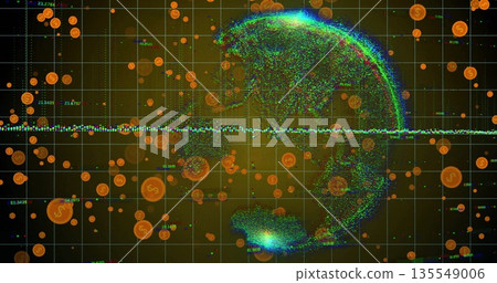 Displaying globe data points in GUI, with central line, orange dollar tokens, gridlines, copy space Displaying globe data points in GUI, with central line, orange dollar tokens, gridlines, copy space 135549006