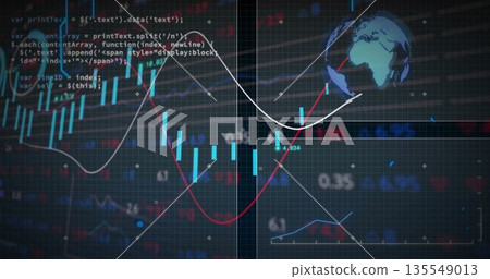 Displaying candlestick bars and overlaying red and white trend lines on dashboard, with globe icon Displaying candlestick bars and overlaying red and white trend lines on dashboard, with globe icon 135549013
