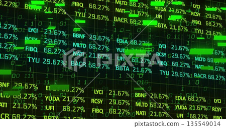 Displaying dark dashboard on trading terminal with ticker symbols highlight bars and binary code Displaying dark dashboard on trading terminal with ticker symbols highlight bars and binary code 135549014