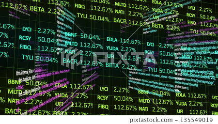 Floating stock tickers scrolling through data dashboard, with code snippets and grid planes 135549019