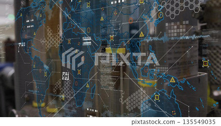 Showing digital world map on control room glass, with hexagon clusters, icons, shelving and boxes 135549035
