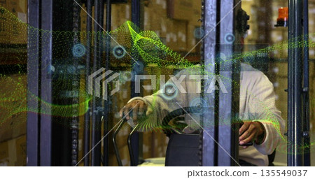 Driving forklift operator wearing sweater scanning box-filled shelves in warehouse, with AR overlay Driving forklift operator wearing sweater scanning box-filled shelves in warehouse, with AR overlay 135549037