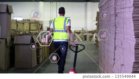 Pulling man wearing safety vest moving pallet jack through warehouse storage, with boxes and sheets Pulling man wearing safety vest moving pallet jack through warehouse storage, with boxes and sheets 135549044