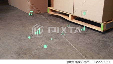Showing wooden pallet holding boxes on warehouse floor, with augmented reality icons, copy space Showing wooden pallet holding boxes on warehouse floor, with augmented reality icons, copy space 135549045