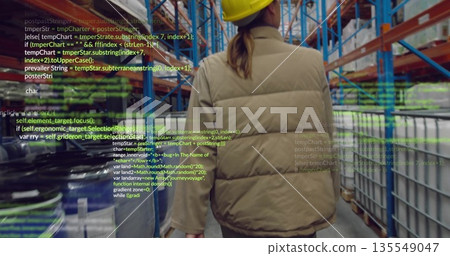Warehouse worker wearing yellow hard hat and vest walking down aisle, with racks and code overlay Warehouse worker wearing yellow hard hat and vest walking down aisle, with racks and code overlay 135549047