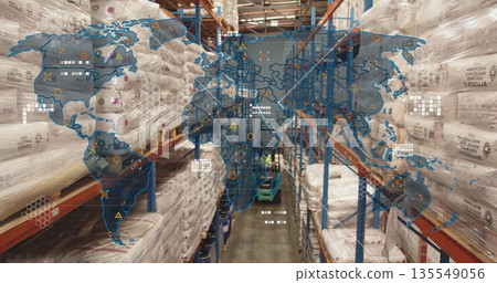 Showing warehouse aisle holding racks with wrapped sacks and forklift, with digital map overlay Showing warehouse aisle holding racks with wrapped sacks and forklift, with digital map overlay 135549056