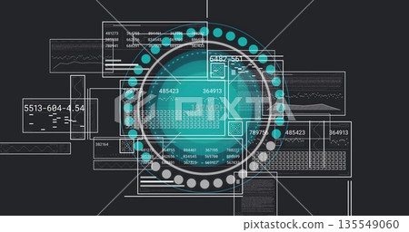 Displaying teal HUD pulsing with dot rings on digital dashboard, white lines linking data panels 135549060