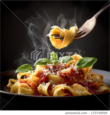 Food photo of steaming pasta in tomato sauce lifted with a fork 135549094