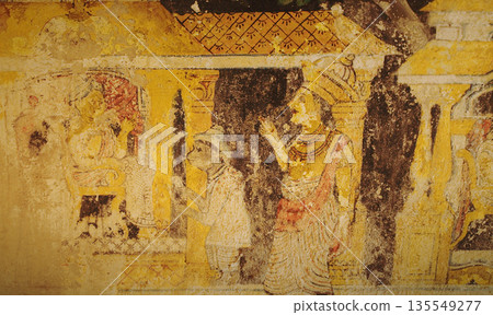 Ancient Buddhist frescoes and wall paintings in Sri Lankan temple with hierarchical figure arrangement Ancient Buddhist frescoes and wall paintings in Sri Lankan temple with hierarchical figure arrangement 135549277