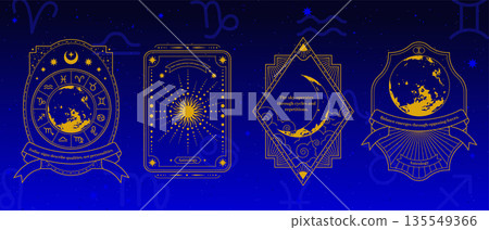 Vintage astrology frame. Celestial window borders with moon, star, zodiac sign. Gold glitter decoration for horoscope. Ornamental card in crescent gold on blue background. Vector antique line logo 135549366