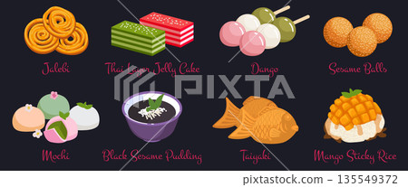 Traditional food. Thai dessert. Asian healthy snack. Indonesian cake. Nutrition drawing. Colorful dish. Menu sticker. Taiyaki and dango. Sesame buns. Japanese mochi. Vector oriental sweet meals set 135549372
