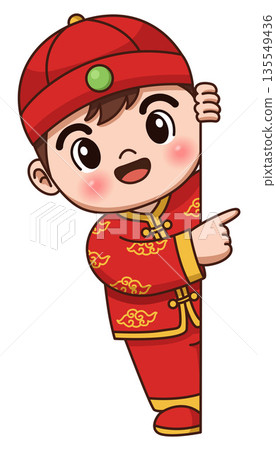 Cute Cartoon Chinese Boy Peeking Behind Blank Sign and Pointing 135549436