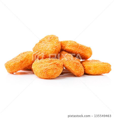 Fast food snack display of breaded nuggets isolated on white background Fast food snack display of breaded nuggets isolated on white background 135549463