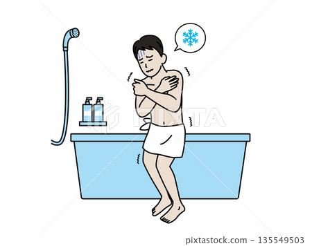 Illustration of a man shivering because the bathroom is cold 135549503