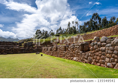 Inca archaeological site of Chinchero with terraces and mountain backdrop Inca archaeological site of Chinchero with terraces and mountain backdrop 135549541