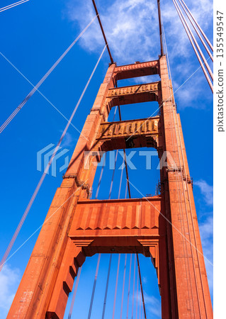 Golden Gate Bridge pedestrian walkway with red cables and blue sky Golden Gate Bridge pedestrian walkway with red cables and blue sky 135549547