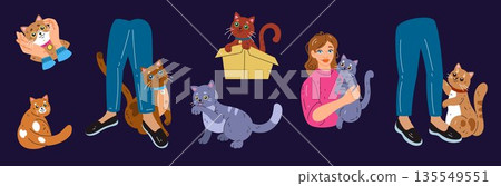 Cat pet. Cute kitten, friendly feline. Lying belly up, relax purr, lazy animal. Expression happy character. Kitty rub against people. Sticker flat style collection. Vector tidy cartoon isolated set Cat pet. Cute kitten, friendly feline. Lying belly up, relax purr, lazy animal. Expression happy character. Kitty rub against people. Sticker flat style collection. Vector tidy cartoon isolated set 135549551