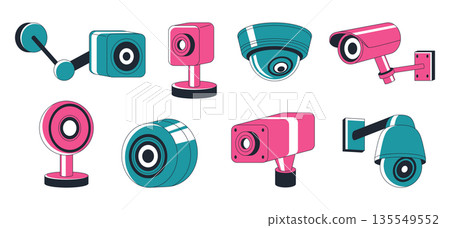 CCTV camera. Surveillance system equipment. Security safety technology. Home protection observation. Digital monitoring lens. Video line type. Signal recording. Vector garish isolated flat style set 135549552