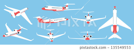Airliner in flight set. Aeroplane position of flying jet. Business air transport, viewed from above. Aircraft front angle. Vector passenger service in sky, cartoon flat style isolated illustration Airliner in flight set. Aeroplane position of flying jet. Business air transport, viewed from above. Aircraft front angle. Vector passenger service in sky, cartoon flat style isolated illustration 135549553