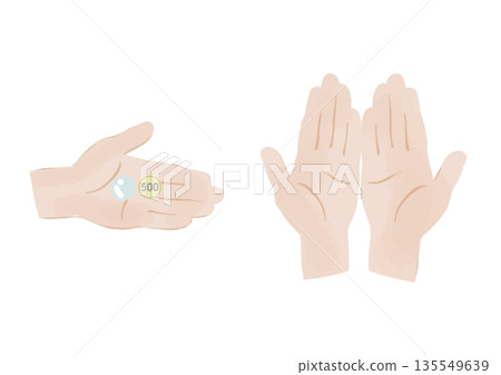 Illustration of the left palm and both hands holding a transparent medicine and a 500 yen coin 135549639