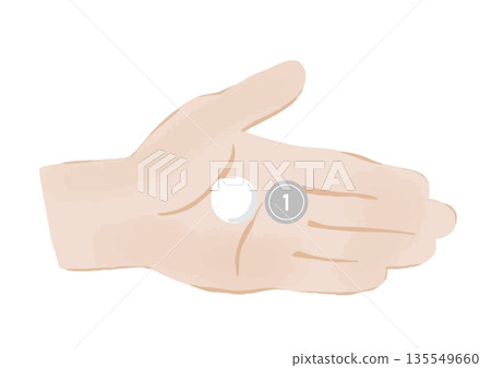 Illustration of a lineless left palm holding a white medicine and a 1 yen coin Illustration of a lineless left palm holding a white medicine and a 1 yen coin 135549660