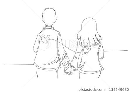 Continuous One Line Drawing of a Couple Holding Hands with Heart Connection eps10 135549680