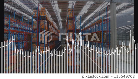 Blue-orange pallet racks lining warehouse, with boxes, pallets, LED-lit trusses, data overlay Blue-orange pallet racks lining warehouse, with boxes, pallets, LED-lit trusses, data overlay 135549708