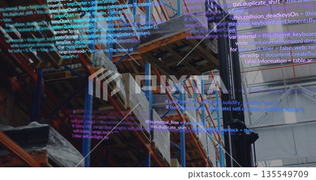 Showing forklift mast raising forks in warehouse with pallet racks, code overlay, copy space 135549709