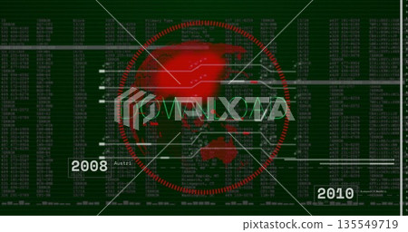 Screen displaying red grid world map DOWNLOAD text, horizontal lines, code matrix 2008 2010 labels Screen displaying red grid world map DOWNLOAD text, horizontal lines, code matrix 2008 2010 labels 135549719