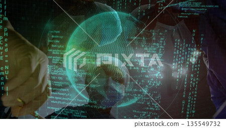 Pointing gloved hand toward holographic globe in operating room, doctors in scrubs studying code Pointing gloved hand toward holographic globe in operating room, doctors in scrubs studying code 135549732