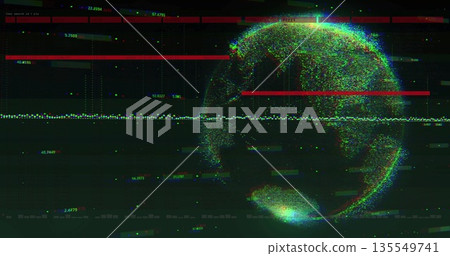 Displaying digital globe glitching on data display, red bars, pixels, green data points, copy space 135549741