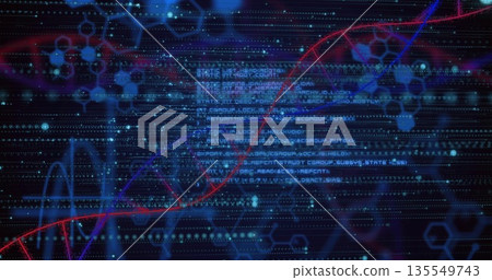 Sweeping red DNA double helix curve cutting through interface, with binary code and hexagon nodes Sweeping red DNA double helix curve cutting through interface, with binary code and hexagon nodes 135549743
