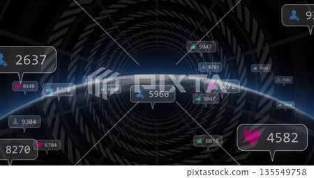 Displaying Earth horizon with floating notification bubbles in outer space, geometric tunnel 135549758