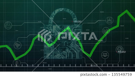 Circuit-board padlock overlaying green line graph on grid, with connected icons and data labels Circuit-board padlock overlaying green line graph on grid, with connected icons and data labels 135549759
