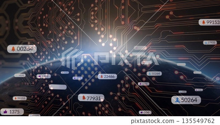 Displaying digital Earth globe orbiting virtual space, with glowing circuits and notification icons Displaying digital Earth globe orbiting virtual space, with glowing circuits and notification icons 135549762