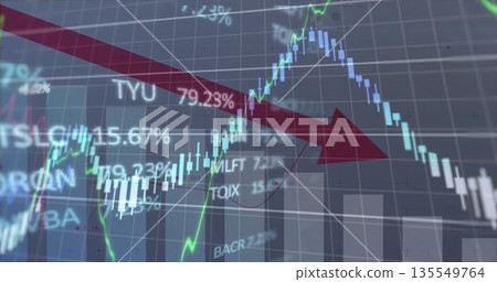 Highlighting large red downward arrow on trading screen, showing candlestick bars, green line graph Highlighting large red downward arrow on trading screen, showing candlestick bars, green line graph 135549764