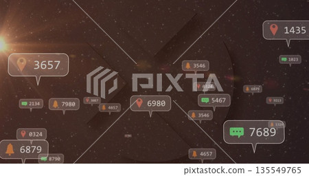 Displaying numeric data bubbles drifting in virtual network space, with pins, bells, chat icons Displaying numeric data bubbles drifting in virtual network space, with pins, bells, chat icons 135549765