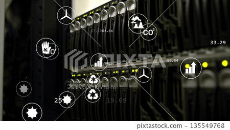 Showing server rack displaying yellow LEDs in datacenter with wind turbine and recycling CO? icons 135549768