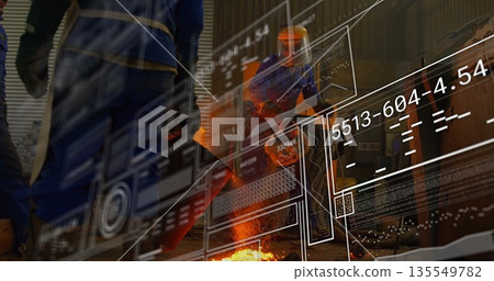 Pouring molten metal worker in coveralls tilting crucible at foundry with sparks, digital overlay 135549782