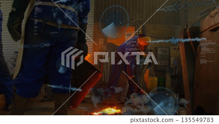 Metalworker bending and pouring molten metal at workshop floor, with crucible, copy space 135549783