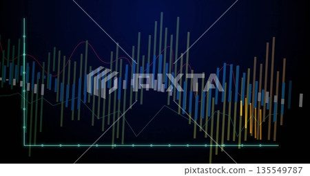 Showing data chart on screen, featuring bars, magenta and pale green lines, teal axes and gridlines Showing data chart on screen, featuring bars, magenta and pale green lines, teal axes and gridlines 135549787