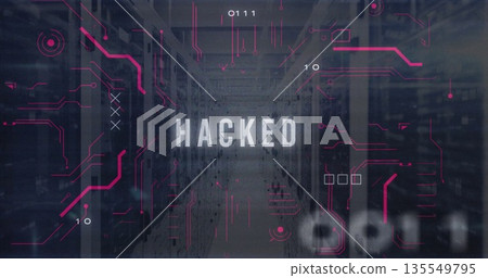 Displaying glowing HACKED text over data center corridor, with server racks and binary digits 135549795