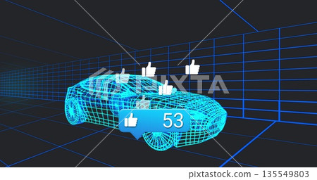 Neon blue wireframe sports car glowing in 3D grid, with thumbs-up icons and 53 like badge Neon blue wireframe sports car glowing in 3D grid, with thumbs-up icons and 53 like badge 135549803