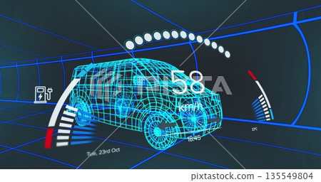 Moving cyan-blue wireframe van model through tunnel, with overlays for speed, charge icon and time 135549804