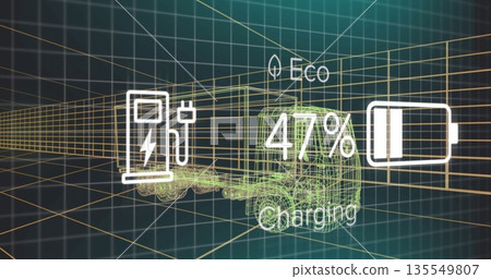 Charging wireframe truck in 3D grid with Eco leaf icon, charging station and 47% battery icon Charging wireframe truck in 3D grid with Eco leaf icon, charging station and 47% battery icon 135549807