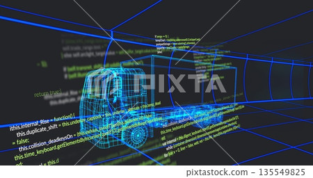 Displaying neon-blue wireframe semi-truck model filling 3D grid space, with floating code snippets 135549825